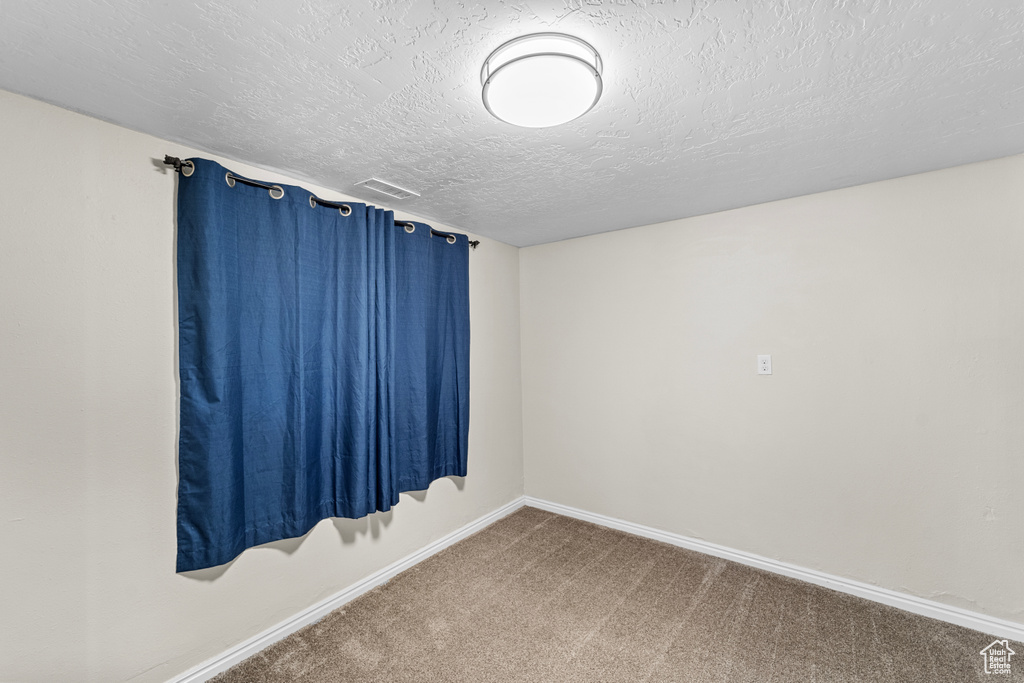 Carpeted spare room with a textured ceiling