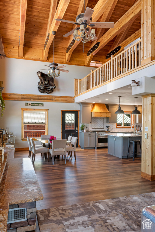 Living room featuring beam ceiling, wooden ceiling, and dark hardwood / wood-style floors