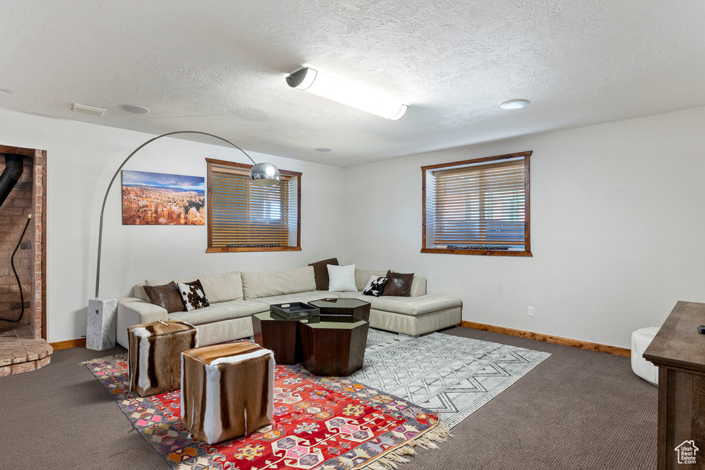 Carpeted living room featuring a textured ceiling