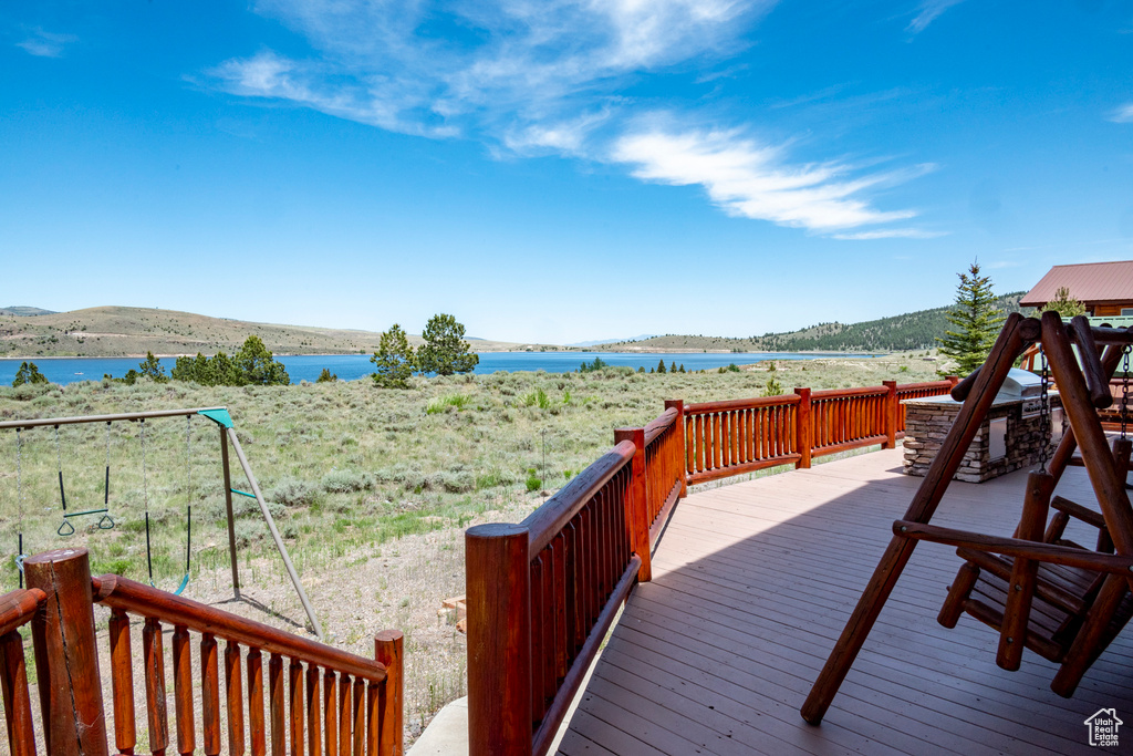 Wooden deck with a water view