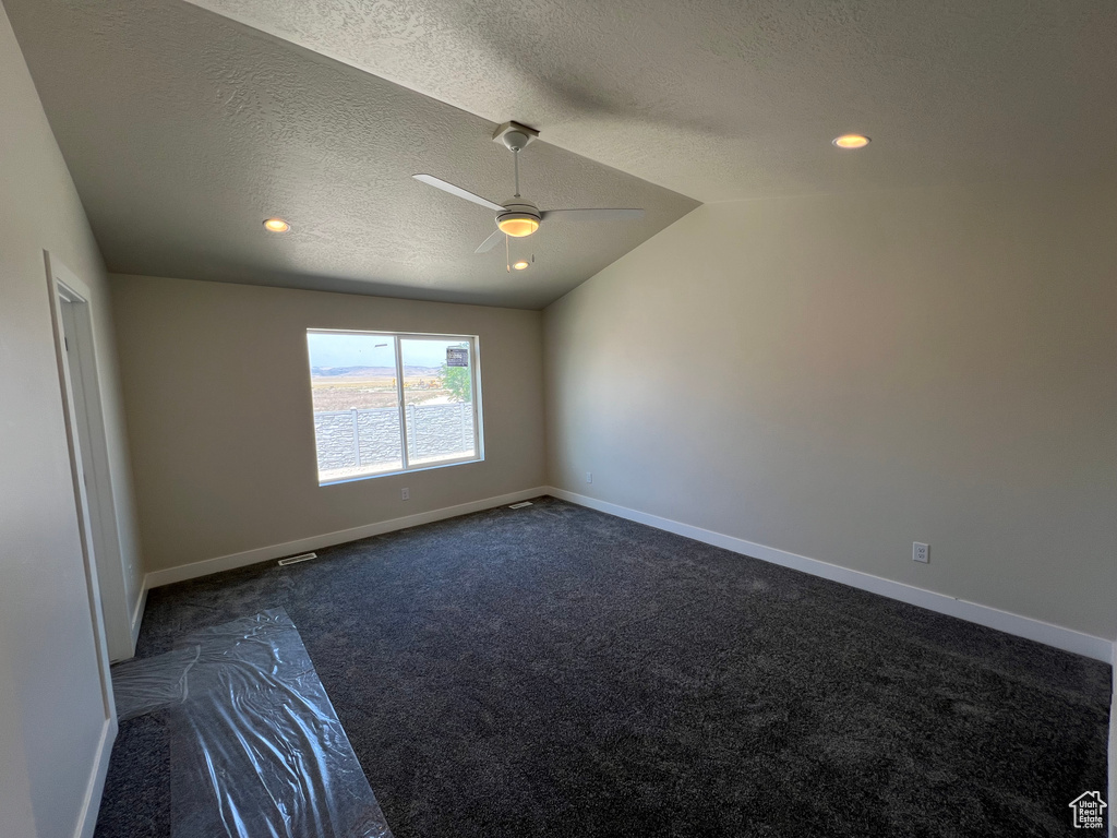 Carpeted spare room featuring lofted ceiling, a textured ceiling, and ceiling fan