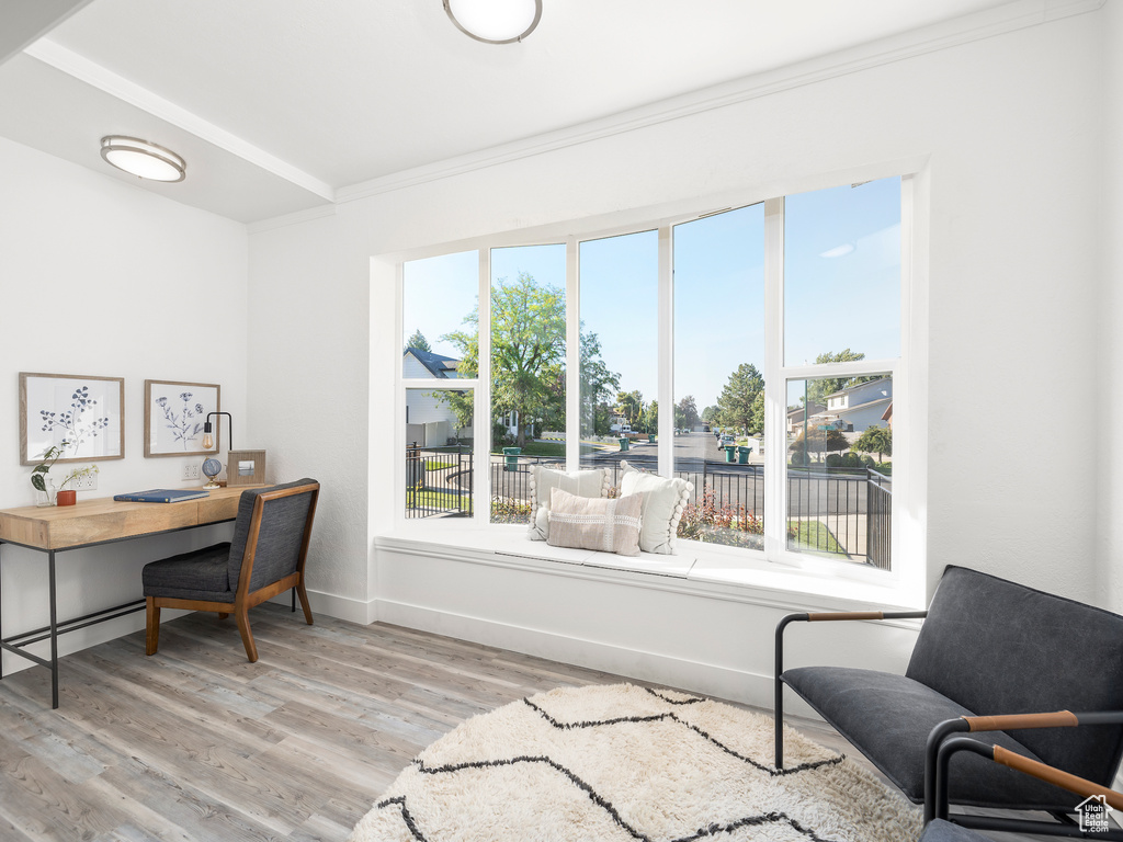 Home office with a healthy amount of sunlight, light hardwood / wood-style flooring, and crown molding