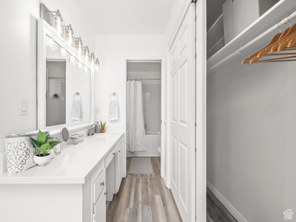 Bathroom featuring wood-type flooring, vanity, and toilet