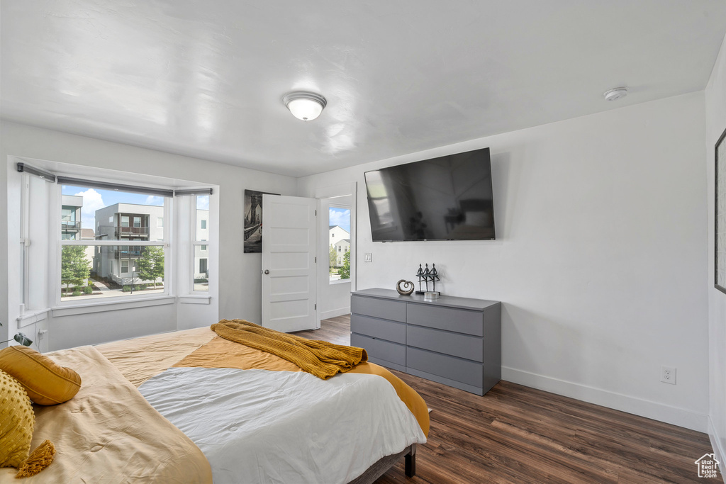 Bedroom with dark wood-type flooring and multiple windows