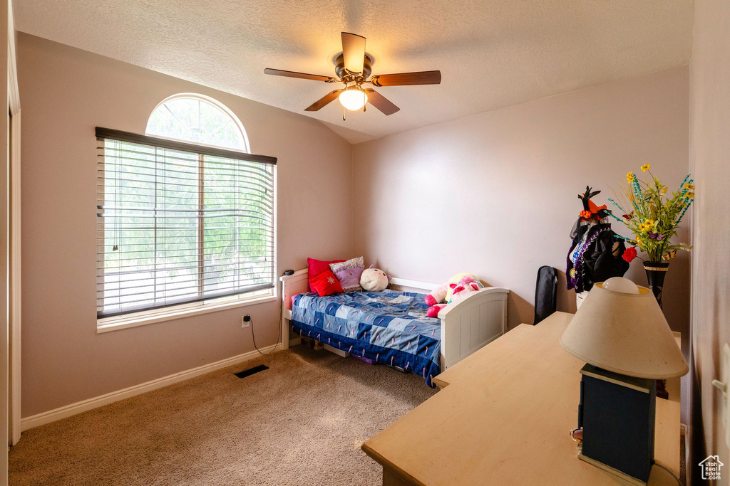 Carpeted bedroom with a textured ceiling, multiple windows, and ceiling fan