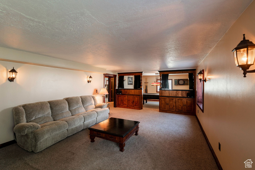 Living room with a textured ceiling and carpet floors