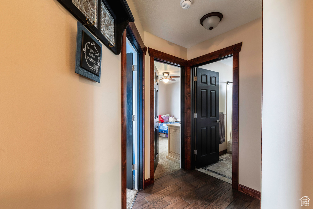 Corridor with dark colored carpet