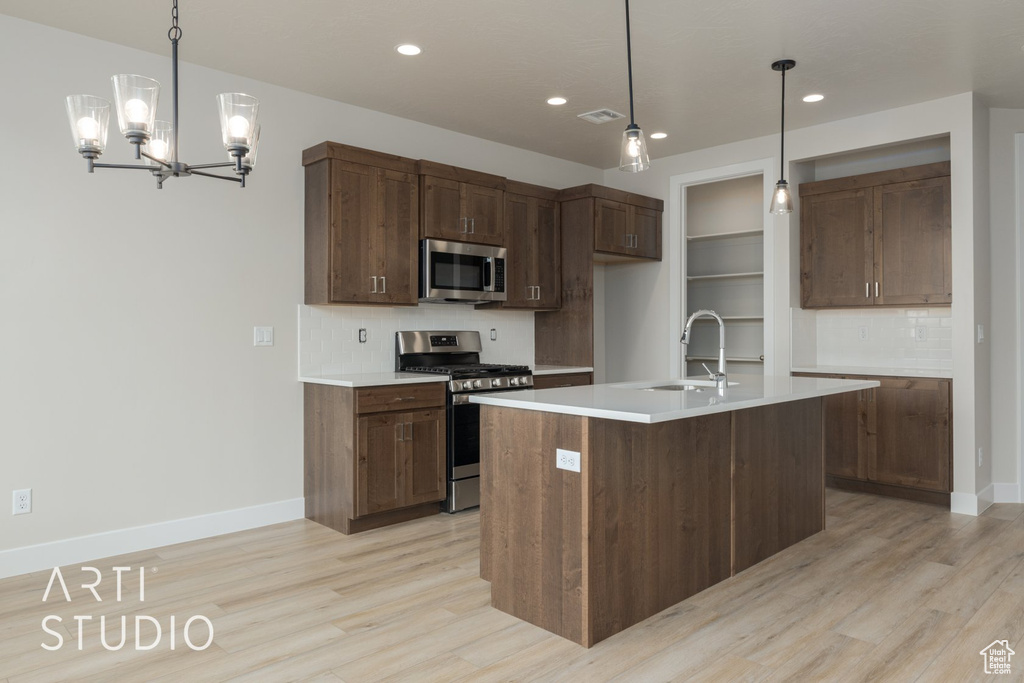 Kitchen with light hardwood / wood-style floors, a center island with sink, appliances with stainless steel finishes, backsplash, and sink