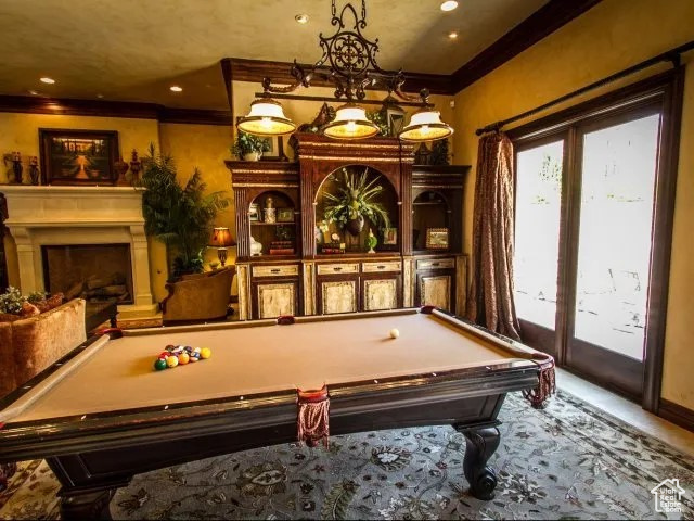 Playroom with crown molding and pool table