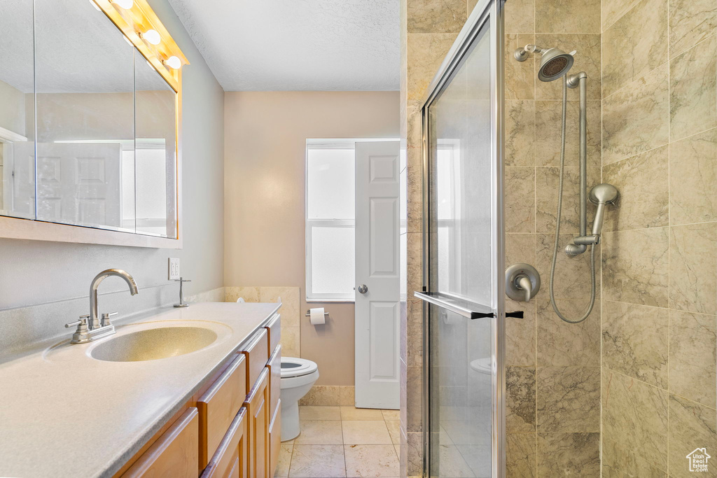 Bathroom featuring a shower with door, tile flooring, vanity, and toilet