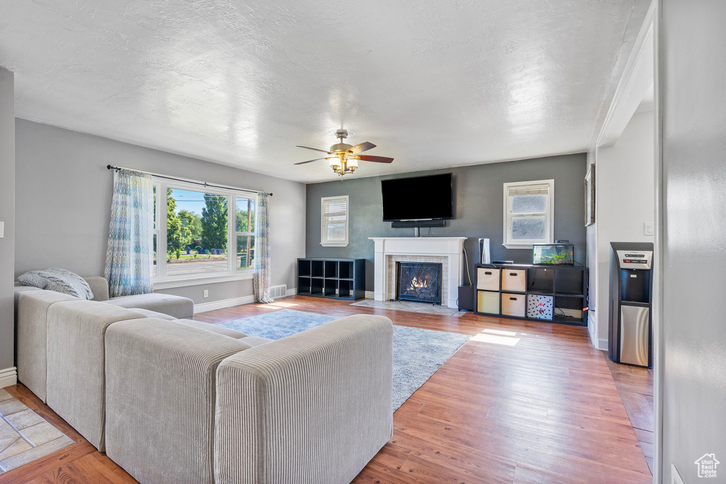 Living room featuring wood-type flooring and ceiling fan