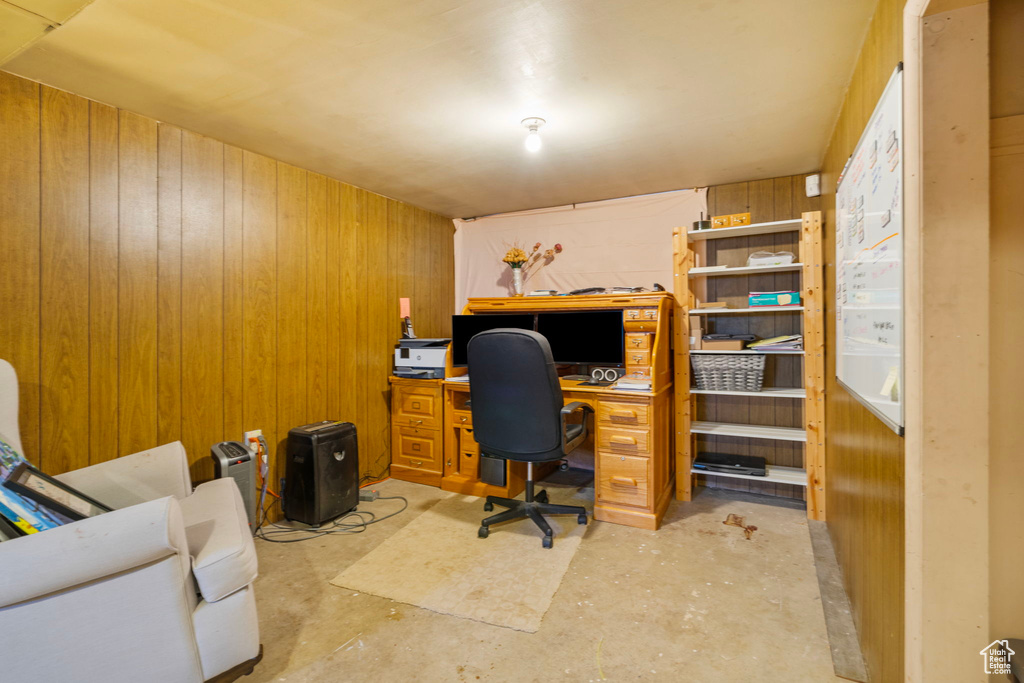 Office space with wooden walls