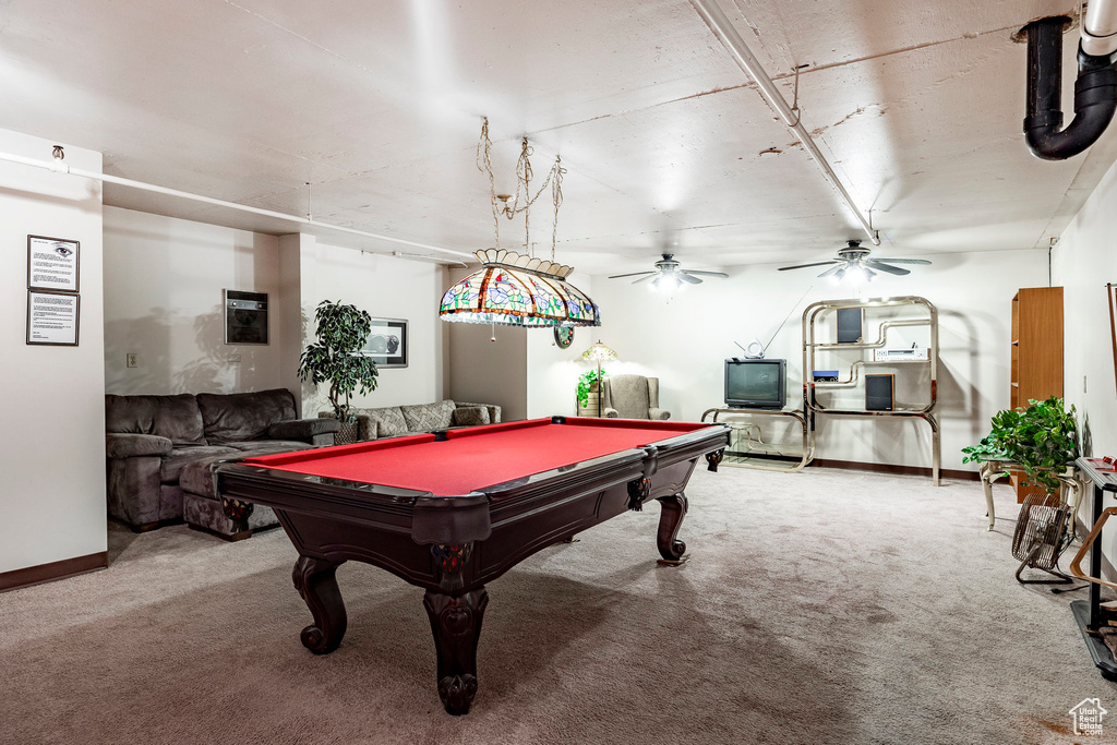 Recreation room featuring ceiling fan, carpet floors, and pool table