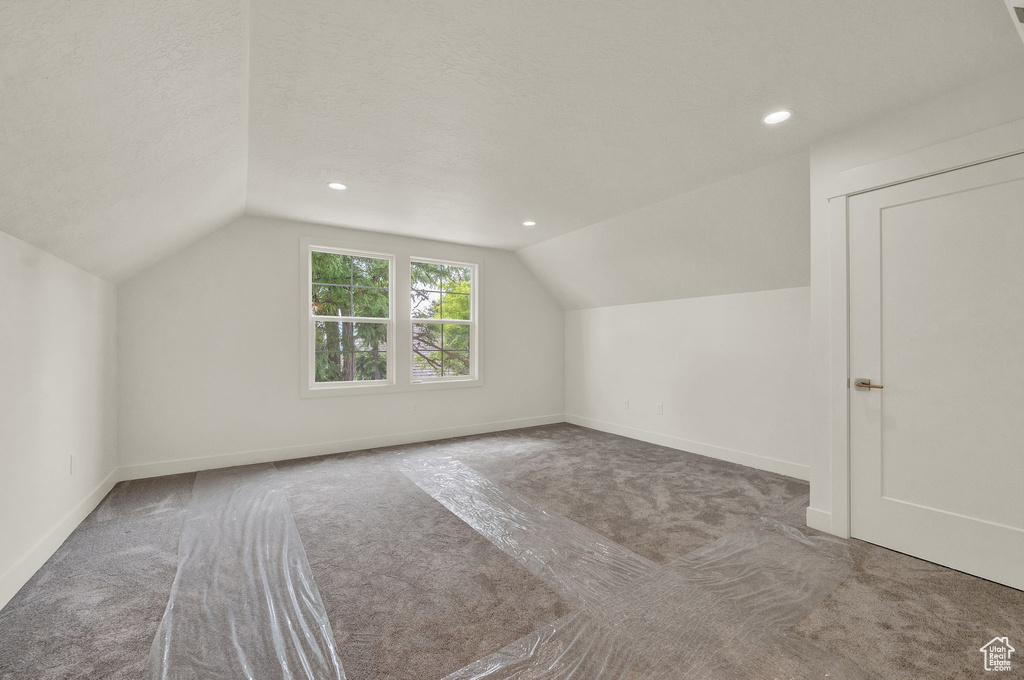 Bonus room with a textured ceiling, lofted ceiling, and carpet floors