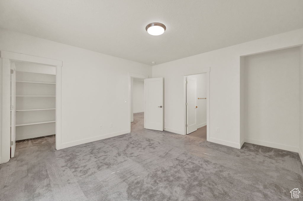 Unfurnished bedroom featuring a spacious closet, a closet, and carpet floors