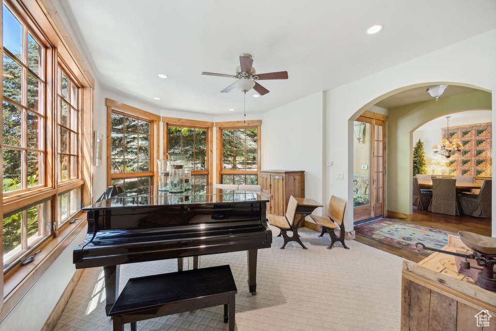 Misc room with wood-type flooring, plenty of natural light, and ceiling fan