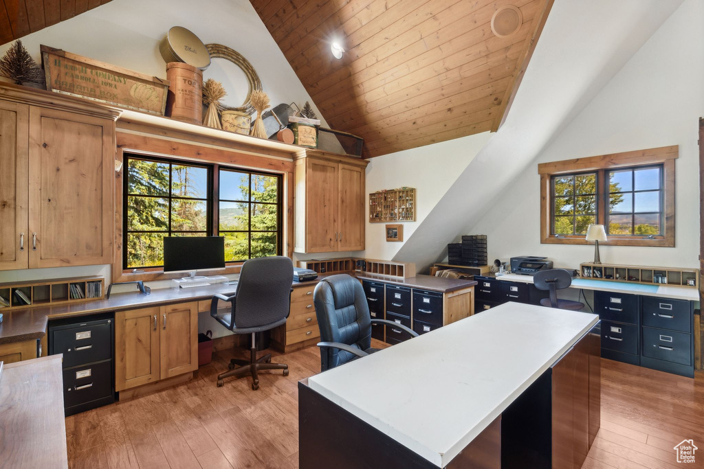 Home office featuring built in desk, high vaulted ceiling, wood ceiling, and light hardwood / wood-style flooring