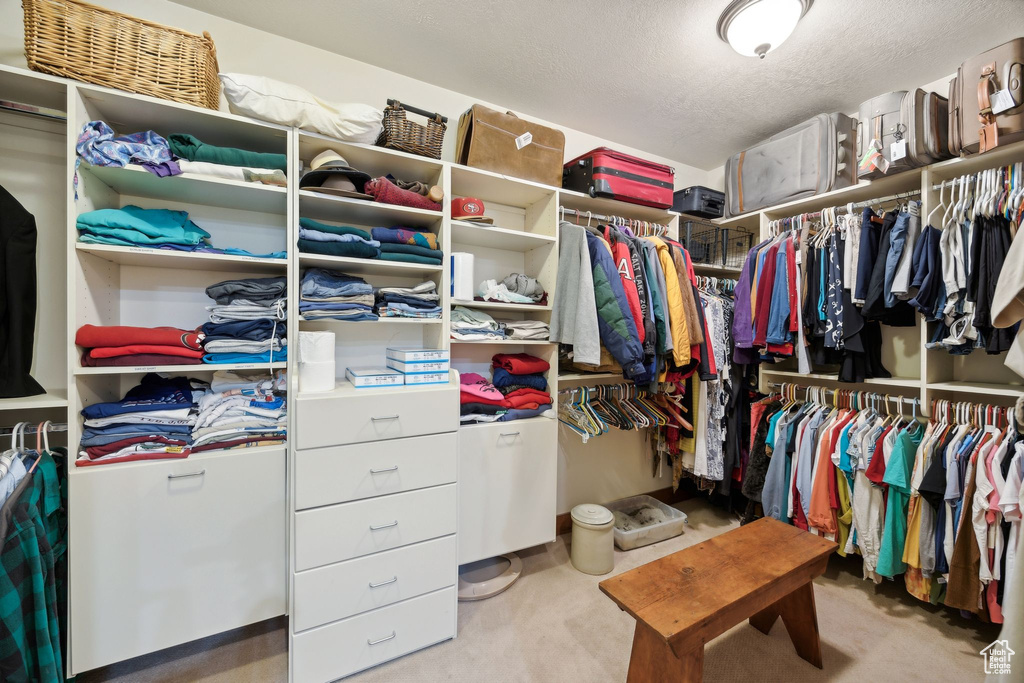 Walk in closet with light carpet