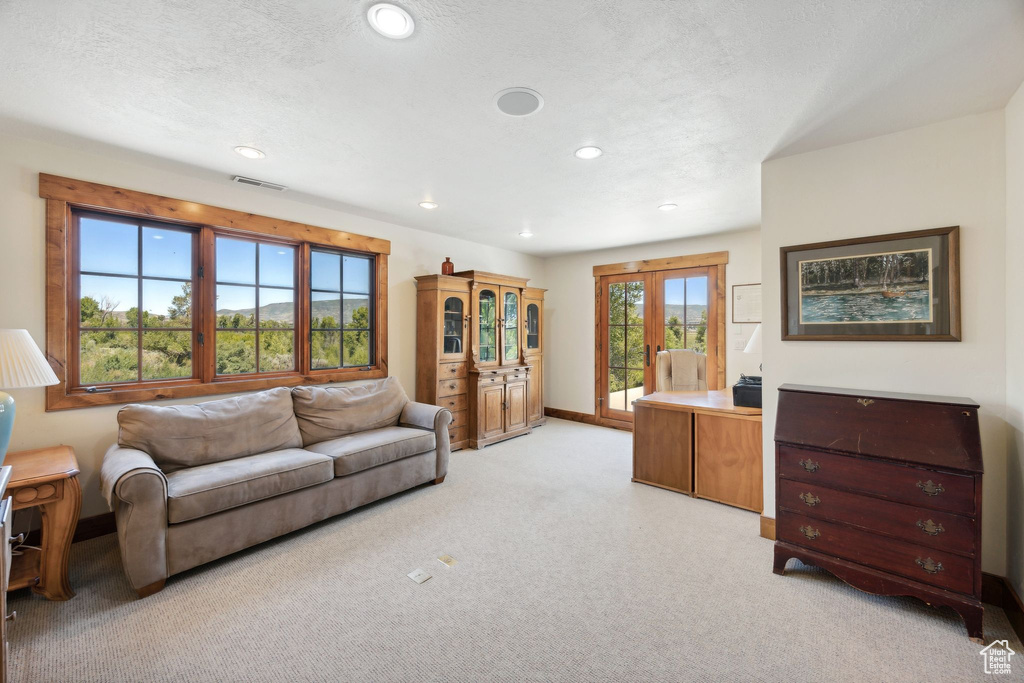 Carpeted living room featuring french doors