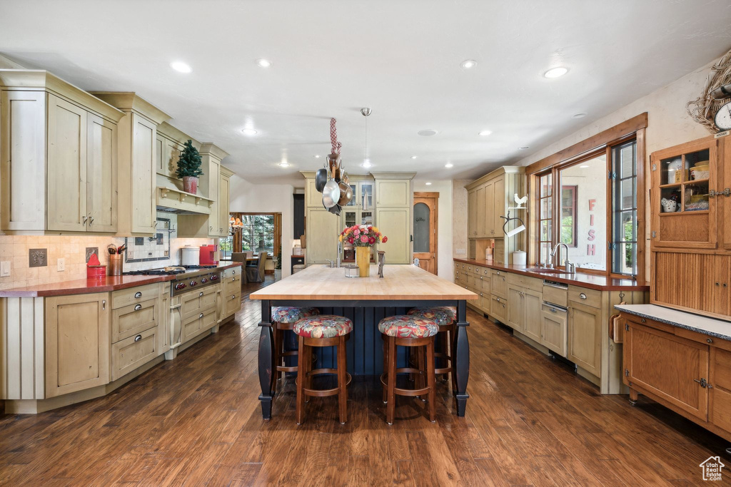 Kitchen featuring dark wood-type flooring, wood counters, and a kitchen island