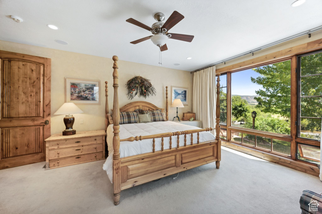 Bedroom with ceiling fan, multiple windows, and carpet