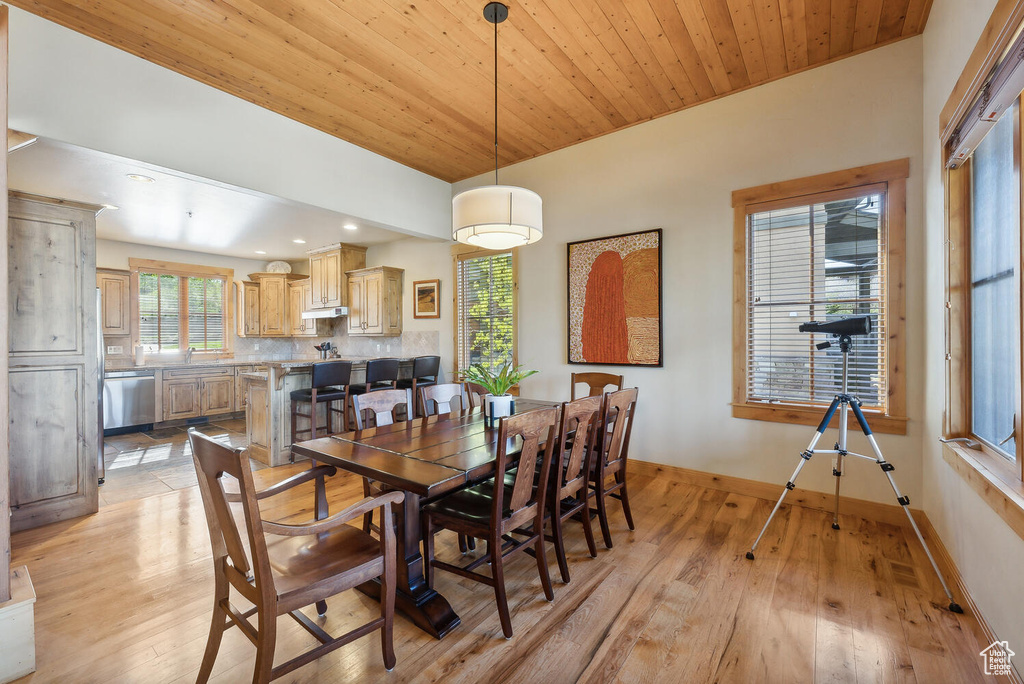 Dining space featuring light wood-type flooring and wood ceiling