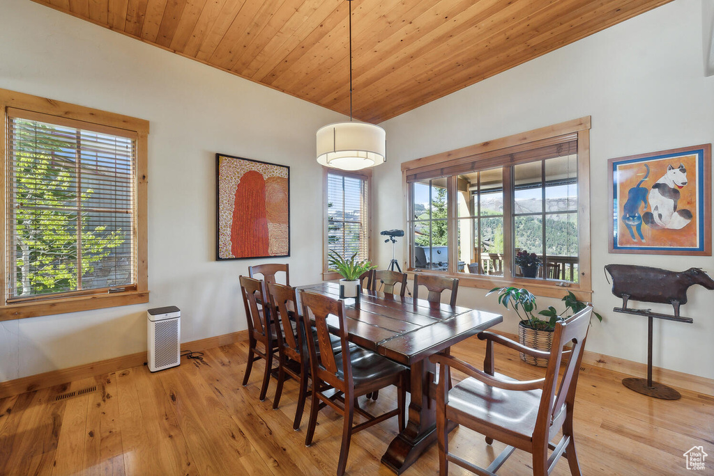 Dining area featuring wooden ceiling and light wood-type flooring