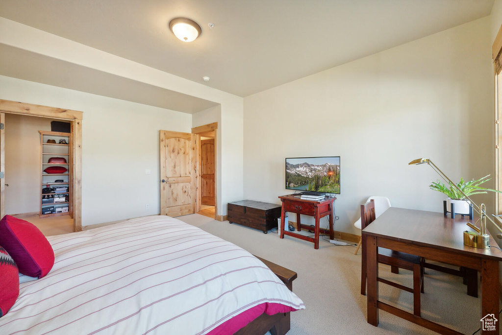 Bedroom featuring carpet and a closet