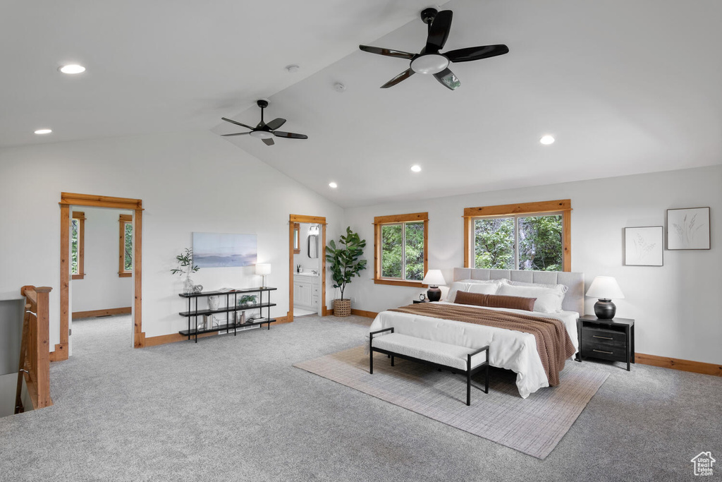 Bedroom featuring high vaulted ceiling, carpet flooring, and ceiling fan