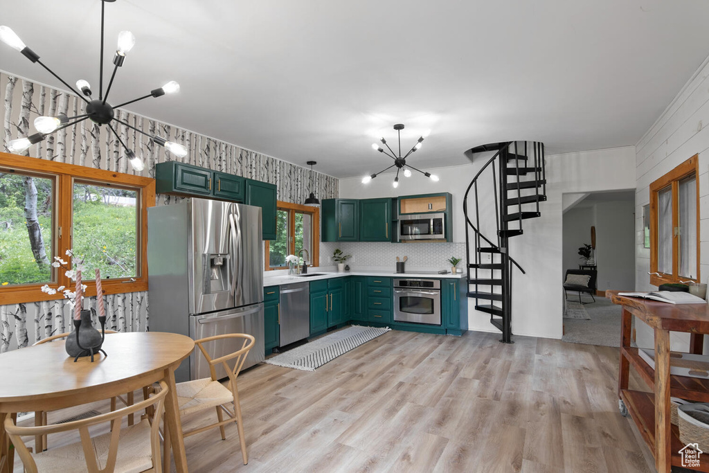 Kitchen with light hardwood / wood-style flooring, stainless steel appliances, an inviting chandelier, backsplash, and sink