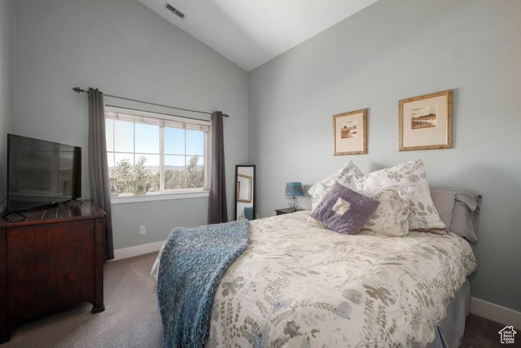 Bedroom with carpet and vaulted ceiling