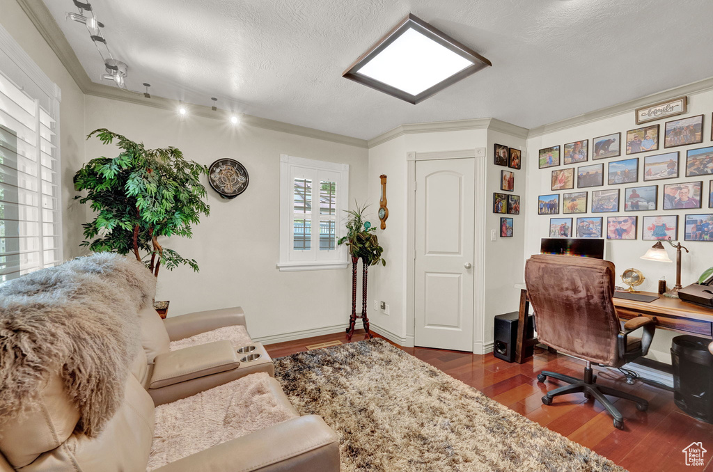 Office space with hardwood / wood-style flooring, ornamental molding, a textured ceiling, and rail lighting