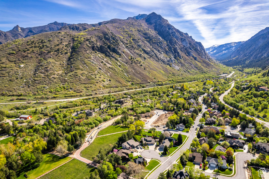 Birds eye view of property with a mountain view