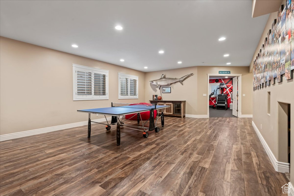 Rec room with dark hardwood / wood-style floors