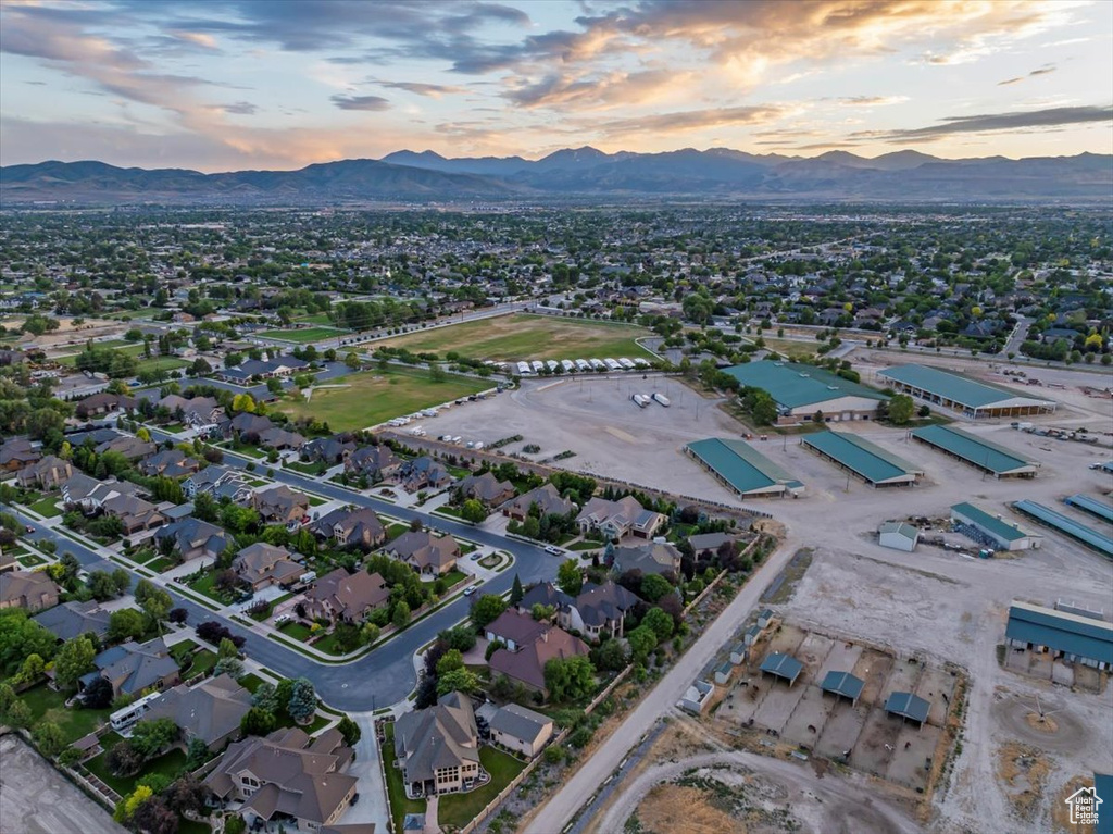 Aerial view at dusk with a mountain view