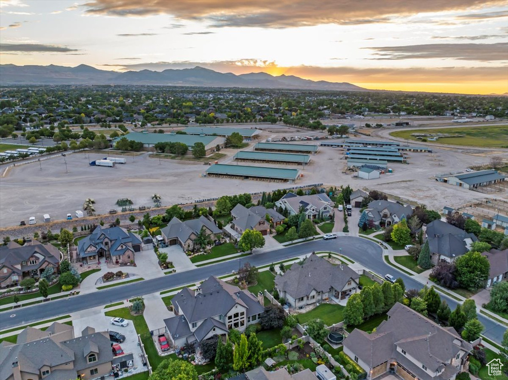 Aerial view at dusk with a mountain view