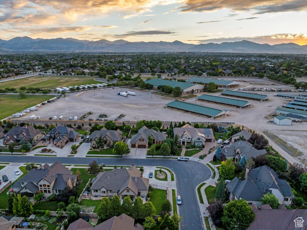 Aerial view at dusk with a mountain view