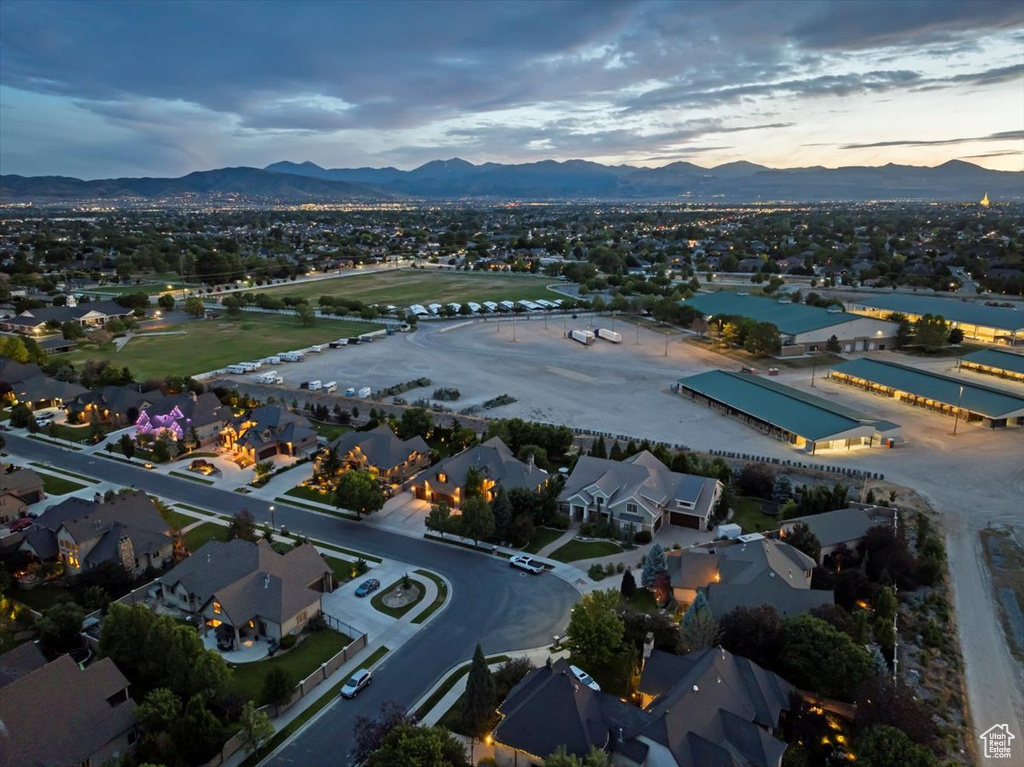 Aerial view at dusk with a mountain view