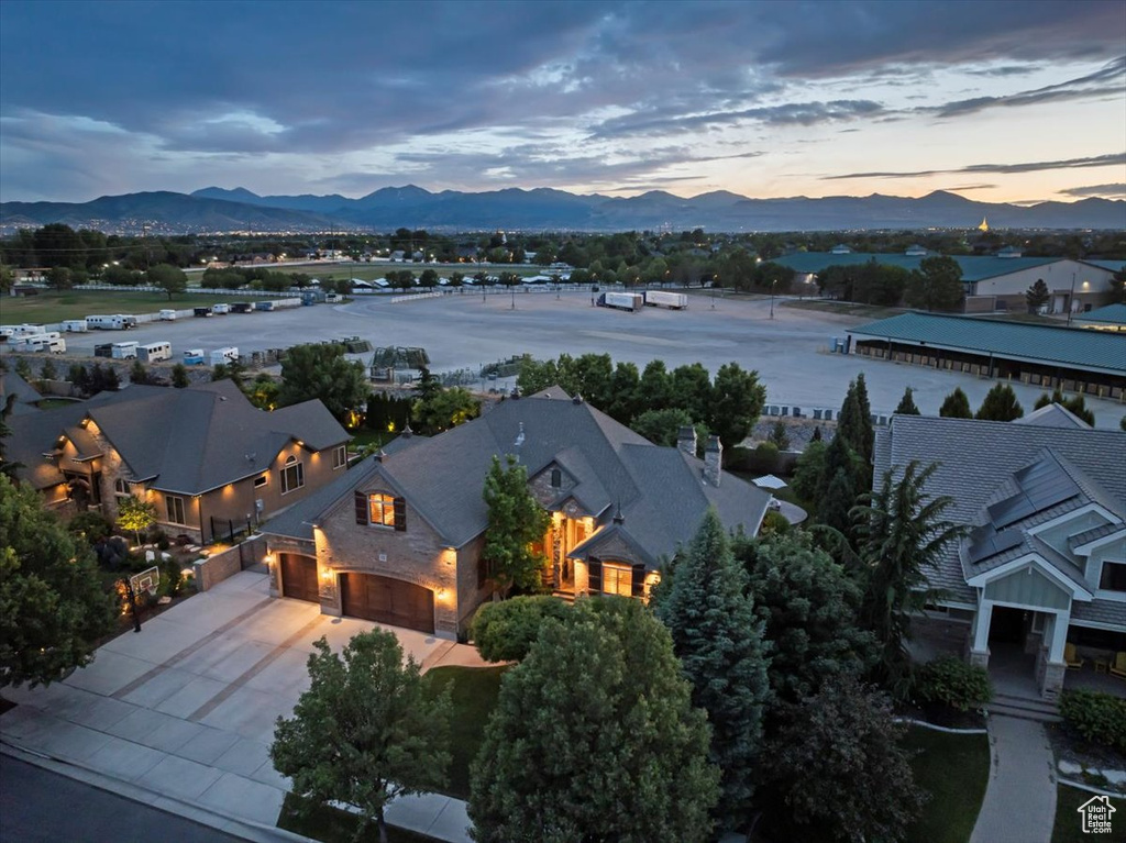 Aerial view at dusk with a mountain view