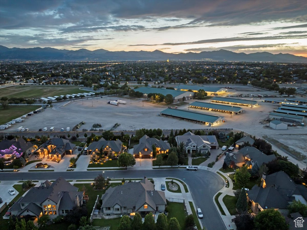 Aerial view at dusk with a mountain view