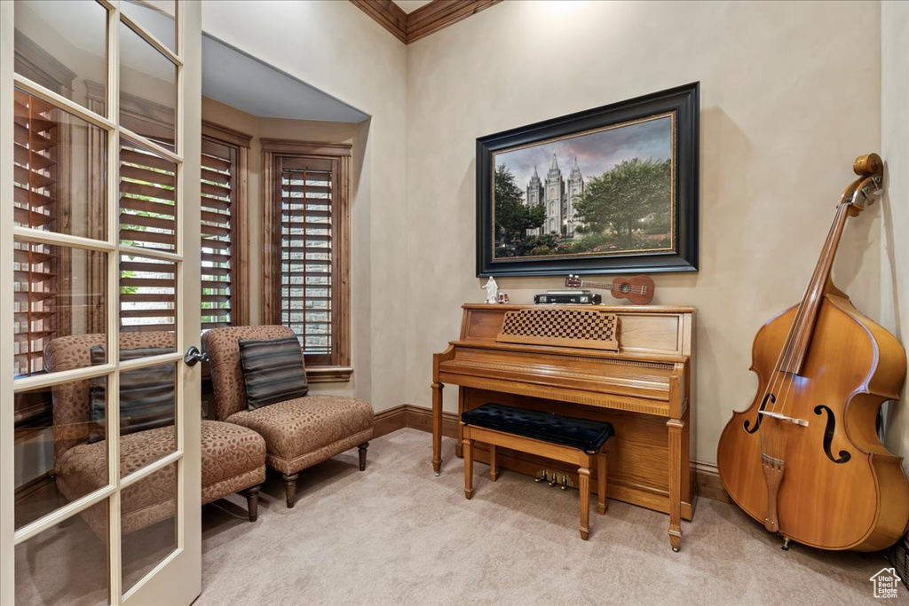 Sitting room with ornamental molding and carpet floors