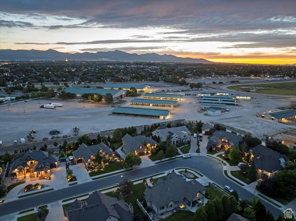 Aerial view at dusk with a mountain view