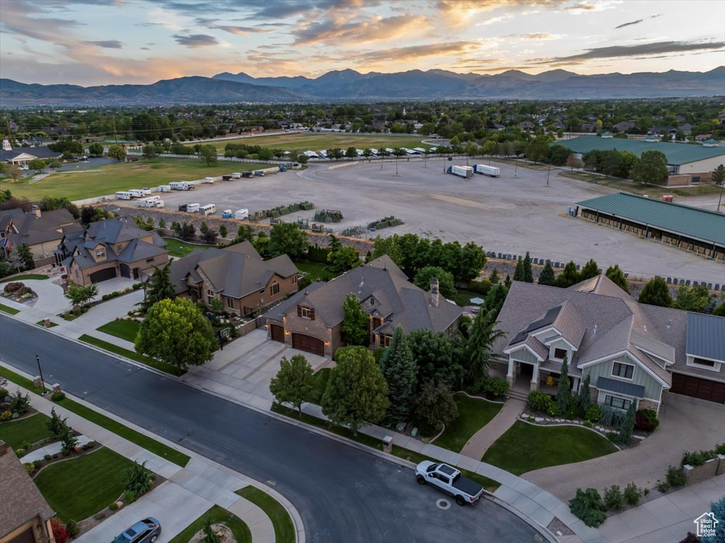 Aerial view at dusk with a mountain view