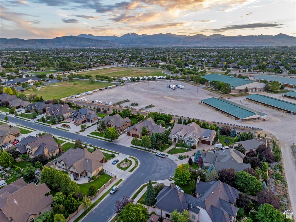 Aerial view at dusk with a mountain view