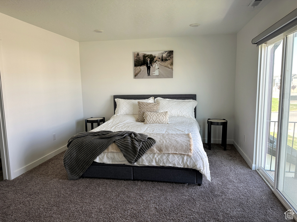 Bedroom featuring dark carpet, access to exterior, and multiple windows