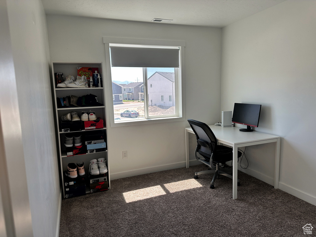 Office space with dark colored carpet