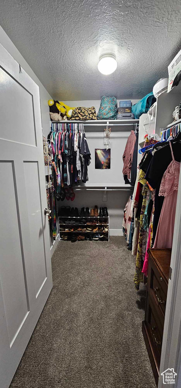 Walk in closet with dark colored carpet