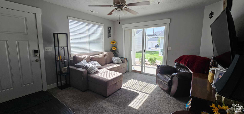 Living room with carpet and ceiling fan