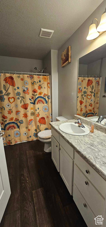 Bathroom featuring a textured ceiling, hardwood / wood-style flooring, toilet, and vanity