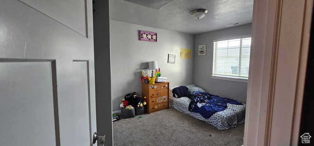 Carpeted bedroom with a textured ceiling